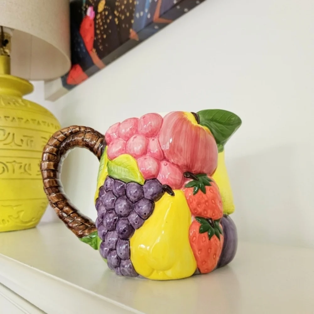 Vintage Handcrafted Pier 1 Imports Majolica Ceramic Fruits Design Pitcher 7